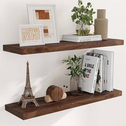 40 Inch Floating Shelvese, 40" W x 9.3" D Floating Shelf Set of 2, Farmhouse Wood Wall Shelves for Bedroom, Kitchen, Wall Mounted Deep Shelving for Home Decor, Walnut Color