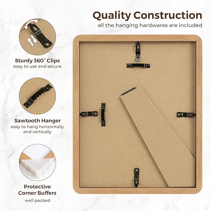 8x10 Picture Frame, Rustic 8 by 10 Photo Frame for Wall & Tabletop Display - Solid Oak Wood & Tempered Glass, 8x10 Picture Frame Matted to 5x7, Wood Collage Frames for Home, Natural Oak Color, 3 Pack