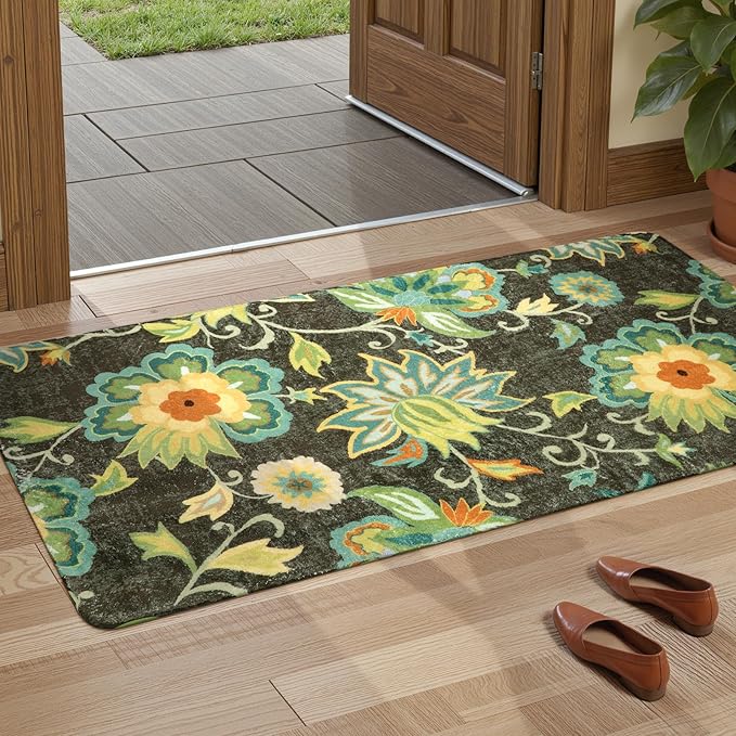 Lahome Floral Washable Entryway Rug - 2x4 Non-Slip Low-Pile Hallway Runner Soft Throw Kitchen Mat Bath Rug Green Paisley Print Indoor Carpet for Laundry Living Room Entrance