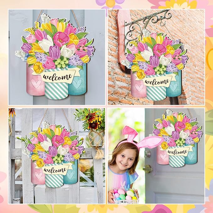 Spiareal Flower Welcome Sign Spring Front Door Decor Wood Hanging Door Outdoor Sign Spring Summer Welcome Pink Flower Wreaths Decorations for Farmhouse Floral Porch (Bright Style)