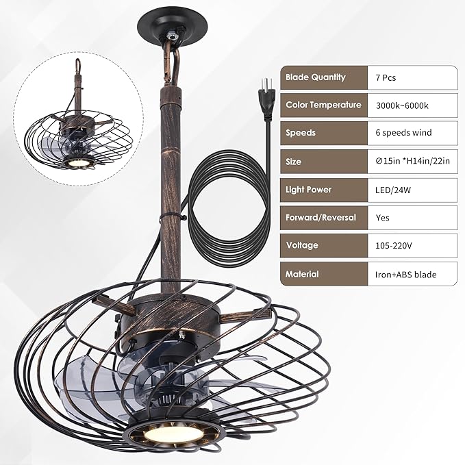 15" Outdoor Ceiling Fan with Light, Waterproof Gazebo Fan Remote Control, Dimmable LED Light, Hanging Black Caged Ceiling Fixtures with Plug in Cord for Patios Pergola, Black Gold