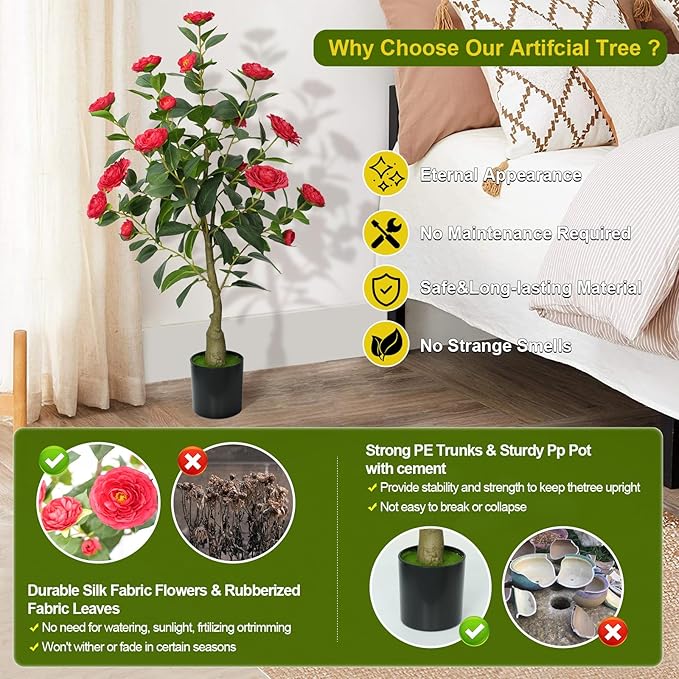 4ft Artificial Camellia Tree with White Silk Flowers - Realistic Faux Flowering Plant for Indoor/Outdoor Decor, Home Staging & Wedding Centerpieces, Set of 2-Red