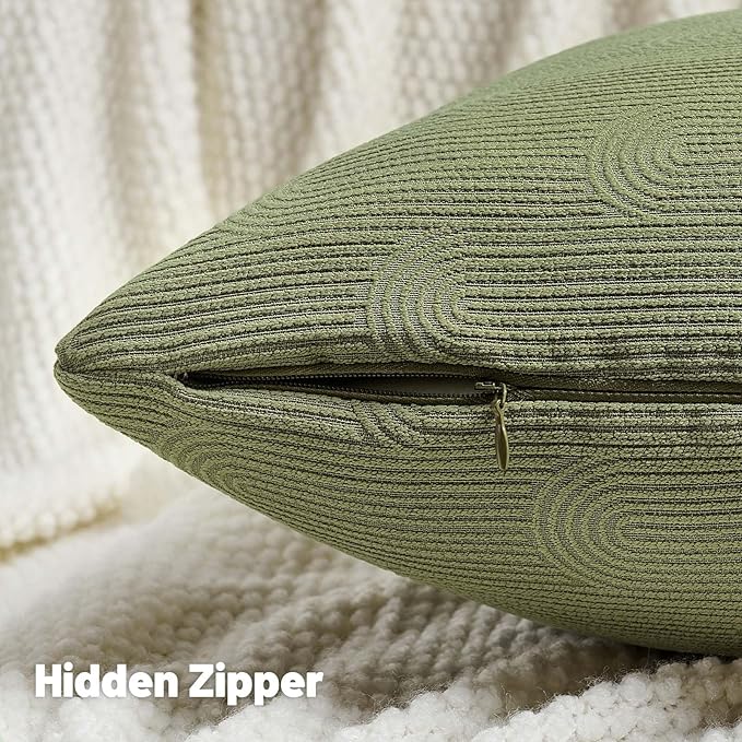 FUTEI Moss Green Chenille Decorative Throw Pillow Covers 18x18 Inch Set of 2,Soft Cozy Striped Geometric Patterns Cushion Case,Modern Home Decor for Couch Bed Living Room