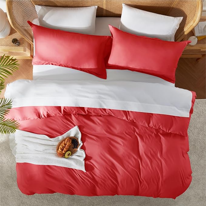 Nestl Full Duvet Cover Set with Comforter Insert - Red 4 Piece 80x90 Duvet Cover & 2 Pillow Shams with White Quilted Down Alternative Comforter, Ultra Soft, All Season