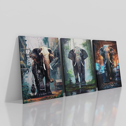 Abstract Animal Canvas Wall Art 3 Pieces Posters Print Cyberpunk Style Giant Machine Elephants Picture Painting Artwork for Modern Home Living Room Bedroom Office Stretched and Framed [48''W X 24''H]