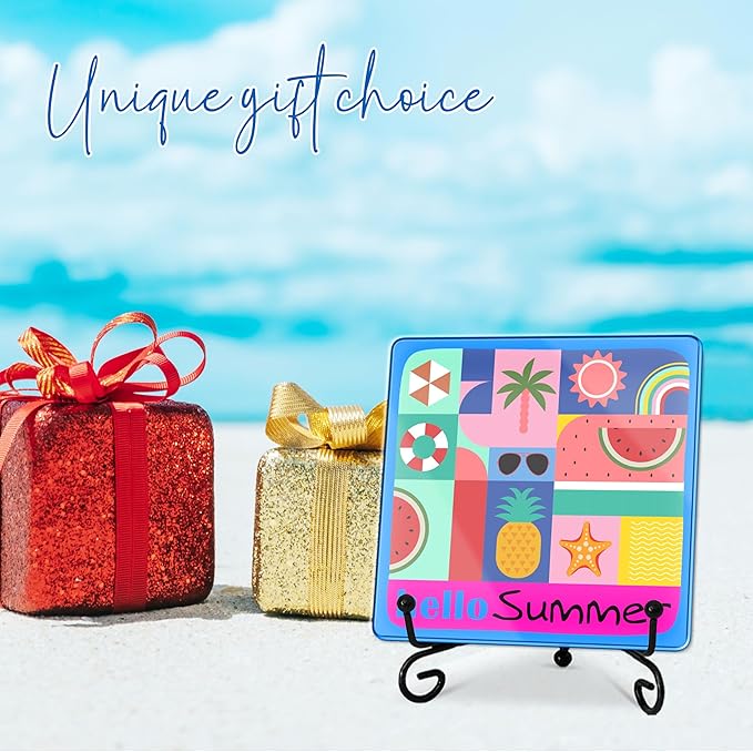 Hello Summer Acrylic Sign With A Metal Support - 4x4" Seasonal Abstract Summer Vibe Tabletop Acrylic Plaque - Home Desk Office Shelf Aesthetic Display Art Decoration & Favors For Women Men - A04