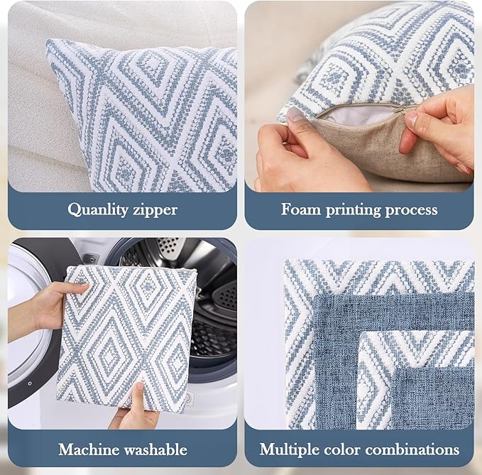 HPUK Decorative Throw Pillow Covers Set of 4 Square Couch Pillows Linen Cushion Cover for Couch Sofa Living Room, 18"x18" inches, Blue