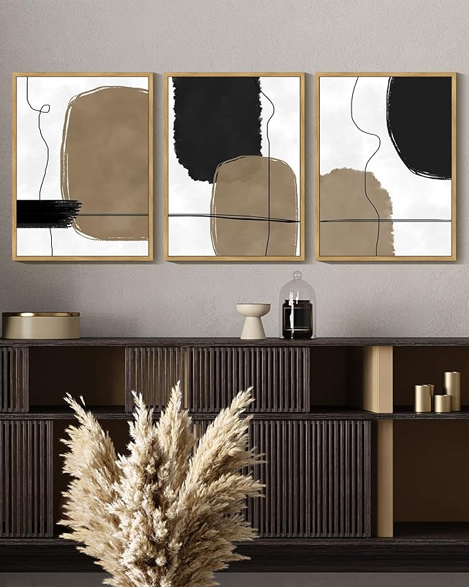 KUVIOKE Abstract Wall Art Framed Neutral Beige Mid Century Textured Artwork Black Minimalist Line Modern Illustrations Bedroom Hallway Ready to Hang 11x14in (Natural Framed)