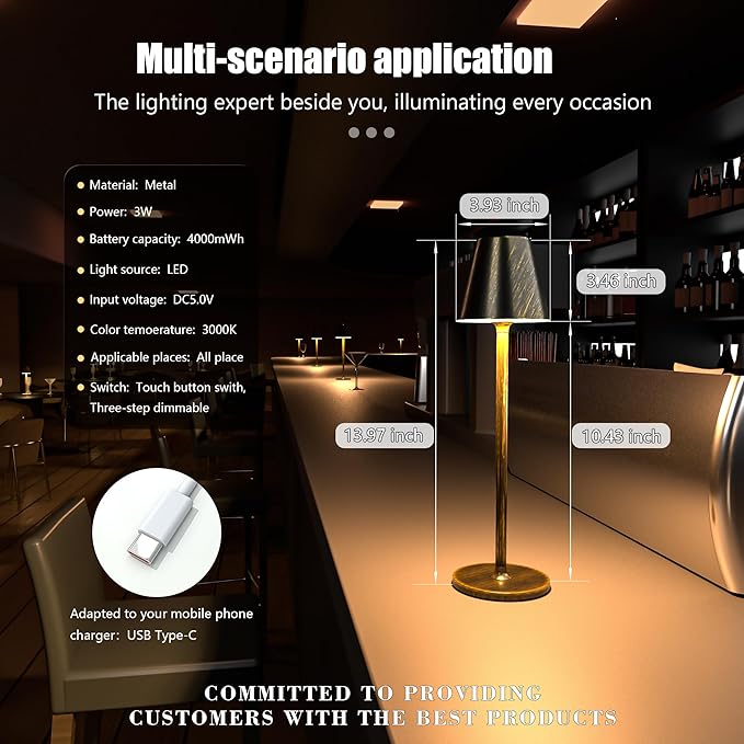 LED CordlessTable Lamp,4000mAh Rechargeable Battery Desk lamp,3 Level Brightness Night Light, Minimalist Design, for Couple Dinner/Coffee Table/Restaurant/Bedroom(Vintage Copper)