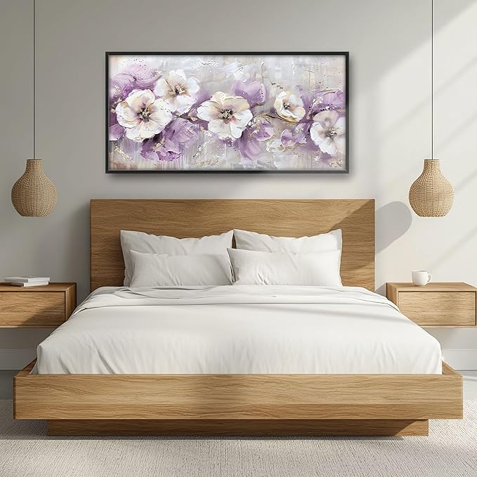 Large Wall Art for Living Room Framed, Purple Flower Wall Decor Pictures, Abstract Floral Canvas Print Painting, Aesthetic Artwork Bedroom Office Home Decor 60"x30"