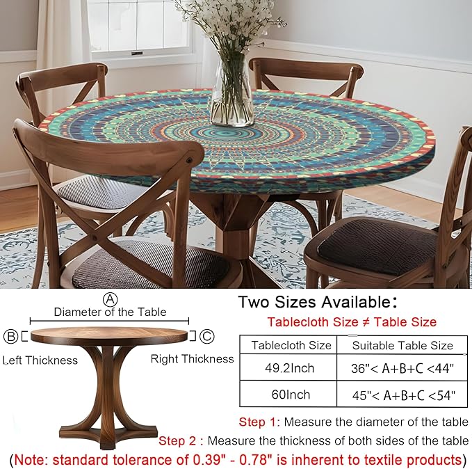 Waterproof Boho Vinyl Round Tablecloth Fitted Table Cloth Summer Fall Outdoor Circle Cover for 45-54" Tables Dining Kitchen Apartment Essentials Picnic Camping Party Decor Housewarming Gifts