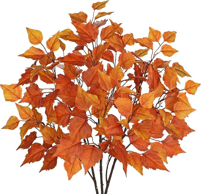 Hollyone 3Pcs Fall Artificial Birch Leaves with Stems 33" Silk Faux Autumn Leaf Branches Spray Fake Fall Leaves Decorations for Home Vase Florals Thanksgiving Table Centerpieces Indoor Decor