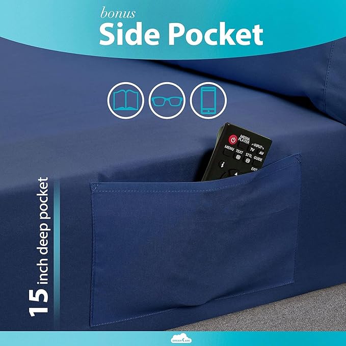 DREAMCARE Twin XL Sheet Set - Cooling Bed Sheets - 4pc Set - up to 15" Deep Pocket Twin XL Sheets - Soft & Long Lasting 100% Fine Brushed Polyester with Side Pocket - Navy Blue