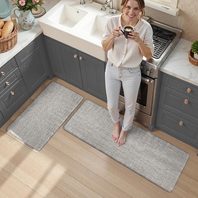 KIMODE Anti Fatigue Kitchen Mat for Floor 17"x47"+17"x29", Farmhouse Kitchen Floor Mats Non Slip, Apricot Textilene Rugs for Kitchen Floor,Memory Foam Standing Mat for Laundry Office Sink Desk