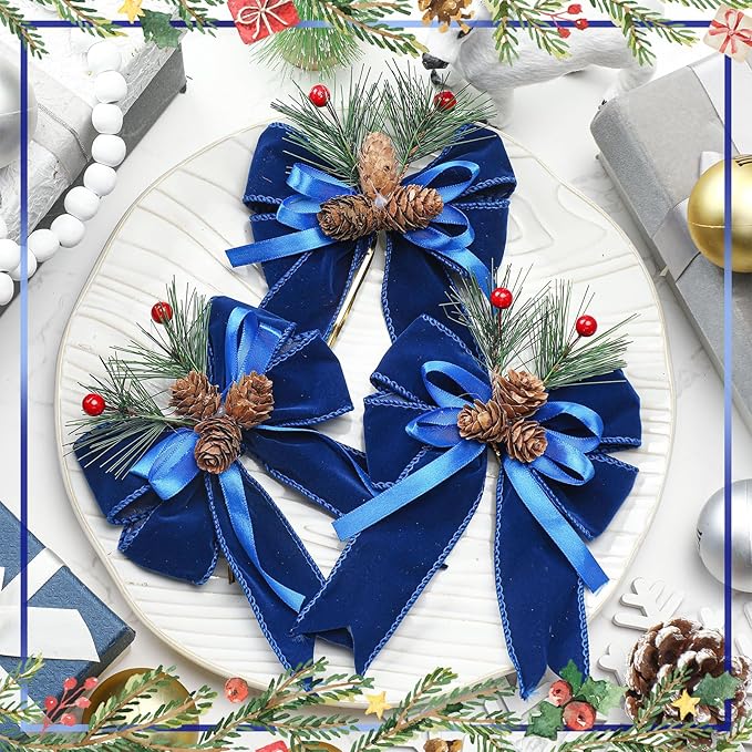 Syhood 6 Pcs Christmas Bows with Pine Cones Pine Needles Xmas Blue Velvet Bows Blue Velvet Ribbon Christmas Tree Wreath Decoration for Xmas Parties Indoor Outdoor Crafts DIY Decor