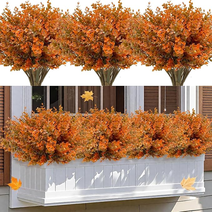 20 Bundles Artificial Fall Flowers for Outdoors Fall Decorations - UV Resistant Fake Mums Faux Plant Plastic Flowers Gardens Porch Fireplace Home Indoor Autumn Thanksgiving Decor(Brown Orange)