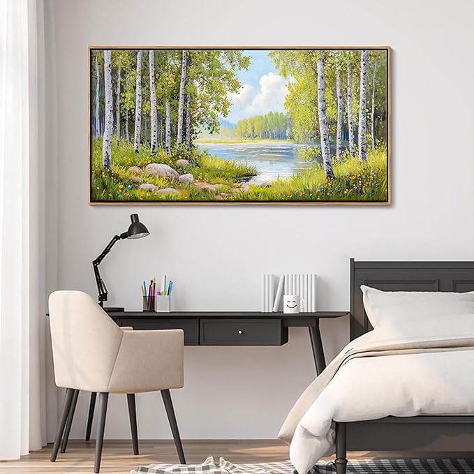 Forest & Mountain Wall Art Green Framed Nature Landscape Pictures for Living Room, Bedroom & Office Large Paintings Wall Decor Tree, Lake, and Mountain Artwork for Wall Decor 20x40IN