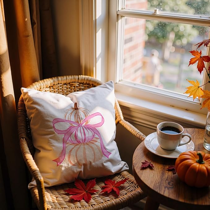 Coquette Pink Bow Watercolour Pumpkin Fall Pillow Covers 18x18, Preppy Pink Autumn Pillowcases for Couch Sofa, Cute Girly Pumpkin Decorative Pillow Covers for Bedroom Living Room Dorm