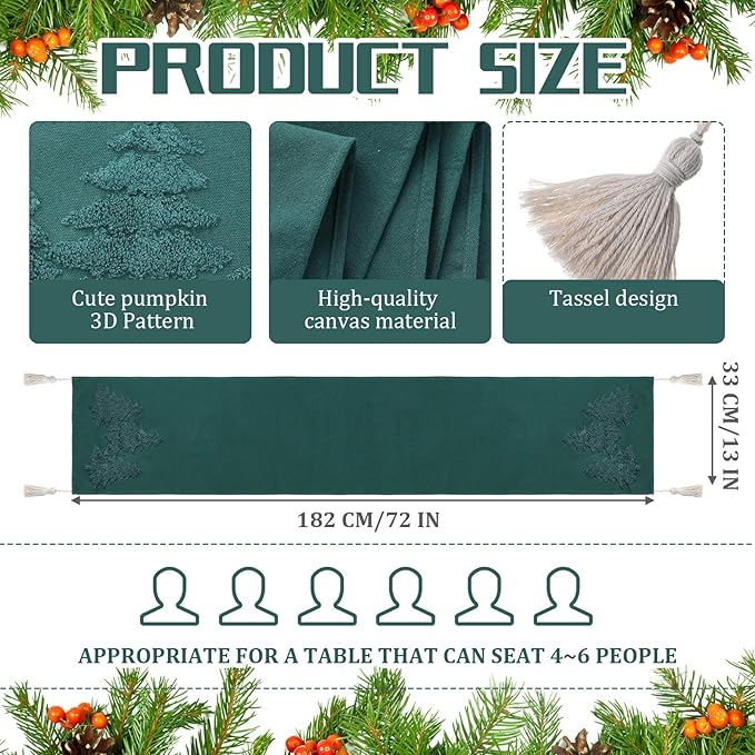 Breling Christmas Tree Table Runner Jacquard Christmas Tree Dinner Table Runner Xmas Holiday Kitchen Dining Decoration for Winter Holiday Kitchen Party Home Decor 13x72 Inch(Dark Green)