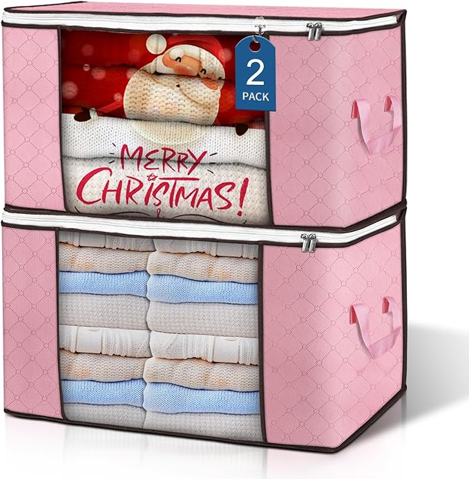 Budding Joy 90 L Large Storage Bags, 2 Pack Clothes Storage Bins Foldable Closet Organizer Storage Containers Storage and Organization for Blanket, Comforters, Bed Sheets, Pillows and Toys (Pink)
