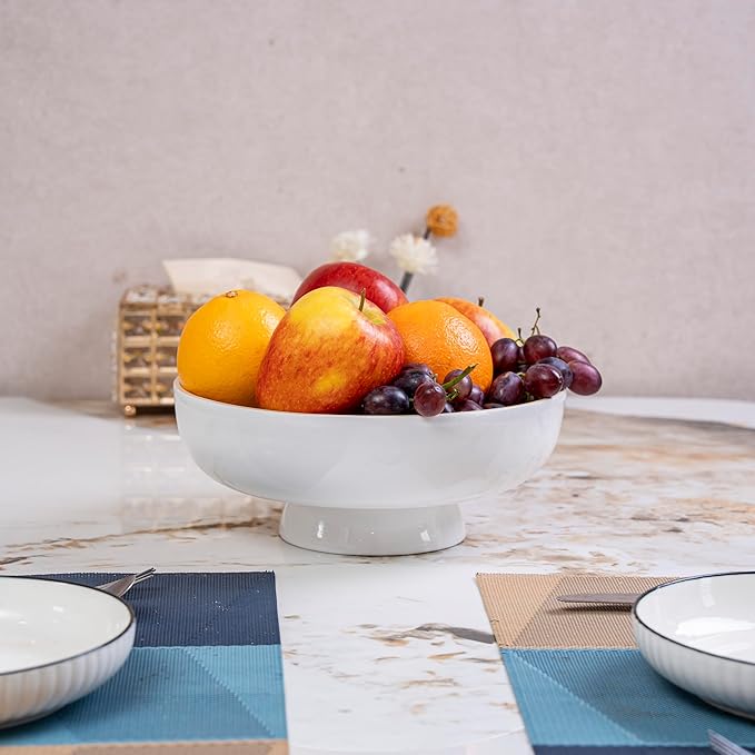 PEMAR 10" Lacquer Bamboo Fruit Bowl for Kitchen Counter, Handmade Large Decorative Pedestal Bowl for Entryway Table Home Decor, Key Bread Candy Snacks Organizer (White Cream)