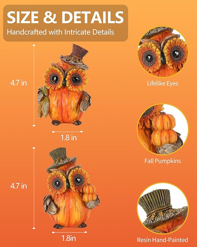 2-Pack Resin Owl Figurine 4.7'' - Thanksgiving Table Decor Harvest Pumpkins Corns Decorations Indoor Autumn Centerpieces Favors Gifts for Women All Ages