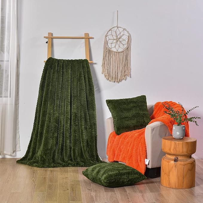 YUSOKI Luxury Faux Fur Throw Blanket(Without Pillows) 2 Layers,3lb,All Ages,Home Decoration, (Olive Green,50" x 63")