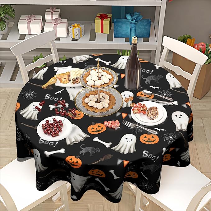Kawani Halloween Tablecloth Round 60 Inch Scary Pumpkin Ghost Round Table Cover Halloween Table Cloth Fall Circular Washable Polyester Tabletop Decor for Home Kitchen Dining Room Banquet Picnic Party