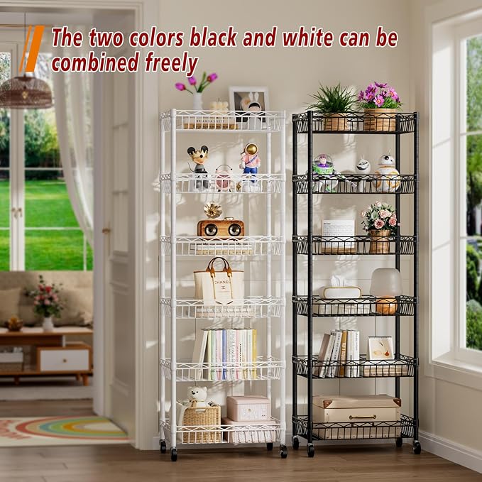6 Tier Basket Shelf Wire Shelving Unit Adjustable Storage Shelves Big Basket Rack for Garage Kitchen Office Pantry Corner 17.2" Dx12.2 Wx63 H Black