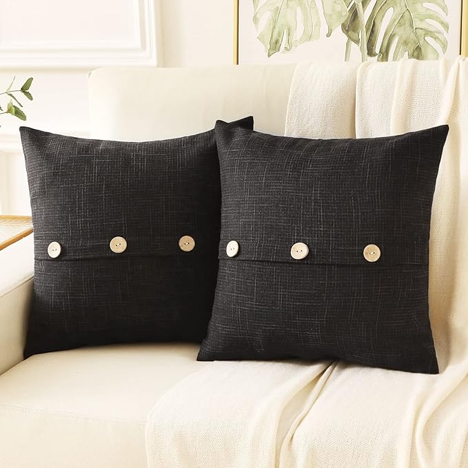 HAUSSY Black Linen Decorative Throw Pillow Covers 18x18 Inch Set of 2,Square Cushion Case with 3 Vintage Buttons,Modern Farmhouse Home Decor for Couch,Bed