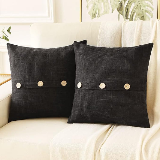 HAUSSY Black Linen Decorative Throw Pillow Covers 18x18 Inch Set of 2,Square Cushion Case with 3 Vintage Buttons,Modern Farmhouse Home Decor for Couch,Bed