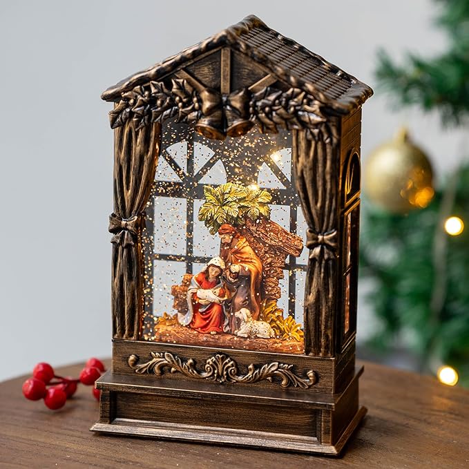 Christmas Snow Globe Lighted Manger Nativity Scene, Musical Water Lantern Play Silent Night Music in Swirling Glitter, Holiday Decorations Gifts for Family, Children or Friends
