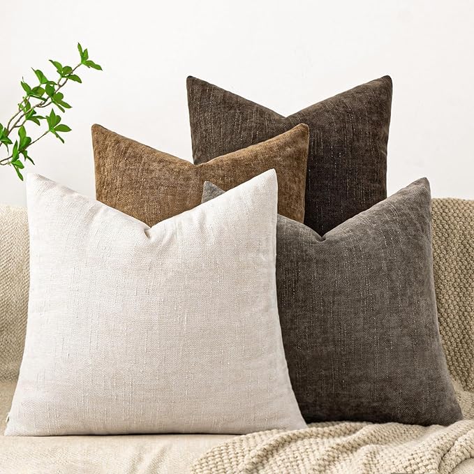 Set of 4 Soft Textured Decorative Throw Pillow Covers 18x18 Inch Cozy Farmhouse Cushion Cover Square Accent Pillow Cases for Bed Couch Sofa Living Room, Beige Taupe Brown