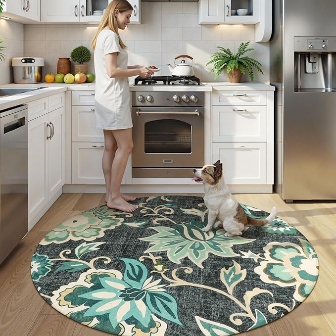 Lahome Floral 5ft Round Rug - Washable Large Boho Round Rug for Living Room Non-Slip Throw Circle Rug for Dining Room Table, Soft Blue Paisley Print Floor Carpet for Bedroom Office Kitchen Entryway