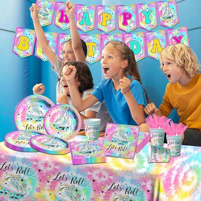 Roller Skating Party Supplies - 142Pcs Roller Skate Party Tableware Include Plates,Napkins,Cups,Banner,Tablecloth Let's Roll Birthday Decorations for Girl（20 Guests）