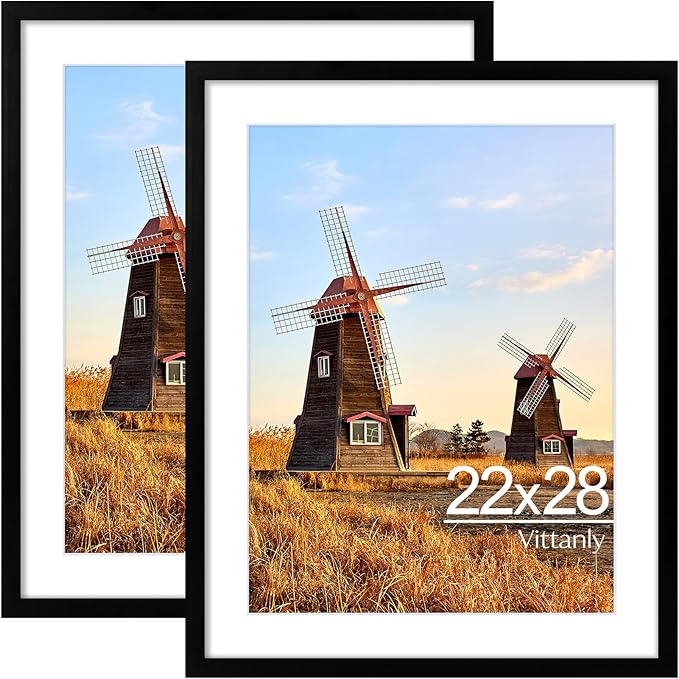 Vittanly 22x28 Poster Frames Set of 2, Display Picture 18x24 with Mat or 22x28 without Mat, Plexiglass, Wall Gallery Frame for Artwork, Vertical or Horizontal Display, Black