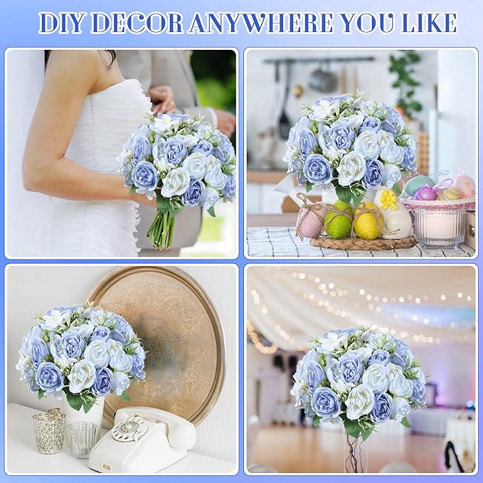 Geosar 16 Bundles Artificial Peonies Flowers Fake Silk Peony Bouquet Faux Peonies Flowers Bulk for Decoration Vase Florals Arrangements Wedding Party Table (Gradient Blue)