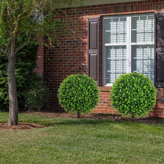 22" Artificial Green Eucalyptus Topiary Ball Trees with Ground Spike Set of 2 - UV Resistant Faux Evergreen Shrubs & Bushes Plants for Outdoor Indoor Front Porch Garden