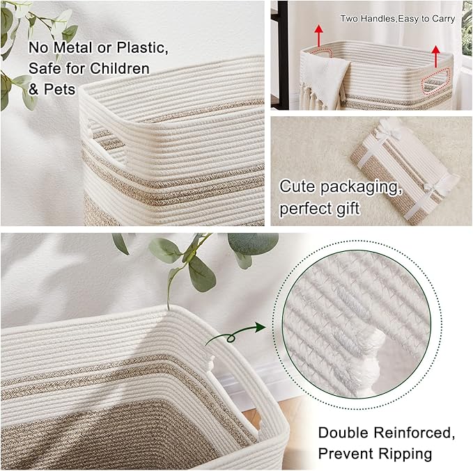 OIAHOMY Laundry Hamper-Laundry Basket,Tall Cotton Storage Basket with Handles,Decorative Blanket Basket for Living room,Collapsible Large Basket for Toys,Pillows,Clothes-16x13x22in-Yellow variegated