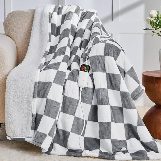 Heated Electric Blanket Twin Size, 62X84 Heating Blanket with 10 Heat Level & 8 Hours Auto Off, Light Gray Checkered Plaid Soft Fleece Sherpa Blankets Warmer Gifts for Couch Grandma Women Adults, ETL