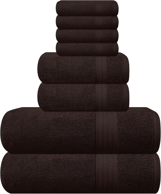 GLAMBURG Ultra Soft 8-Piece Towel Set - 100% Pure Ringspun Cotton, Contains 2 Oversized Bath Towels 27x54, 2 Hand Towels 16x28, 4 Wash Cloths 13x13 - Ideal for Everyday use - Chocolate Brown