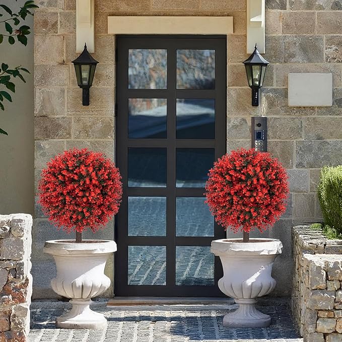 Set of 2 Artificial Red Boxwood Topiary Ball Bush for Outdoor with Ground Spike 22", UV Resistant Faux Greenery Shrubs, Fake Red&Green Boxwood Plants for Garden, Yard, Porch, Patio Decor