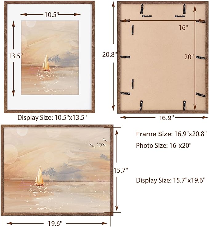 16x20 Picture Frame for Wall, Real Oak Wood Frames 16 by 20, 16x20 Frame Matted to 11x14, Tempered Glass, 16 x 20 Wood Frame, 16"x20" Poster Frame, Walnut Color, 1 Pack