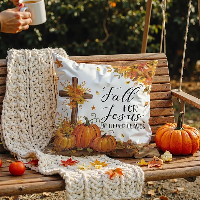 Christian Fall Pillow Covers 18x18, Farmhouse Autumn Decor, Fall for Jesus He Never Leaves Autumn Maple Leaf Pumpkin Decorative Throw Pillow Covers for Home Bedroom Living Room