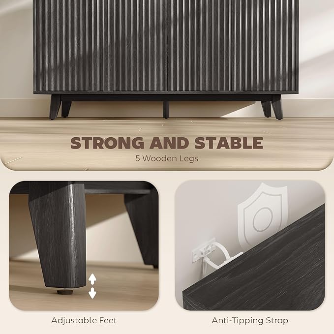 HOMCOM Fluted Sideboard Buffet Cabinet, 55" Modern Accent Console Cabinet with 4 Doors, 2 Adjustable Shelves and 5 Wood Legs, Dark Gray