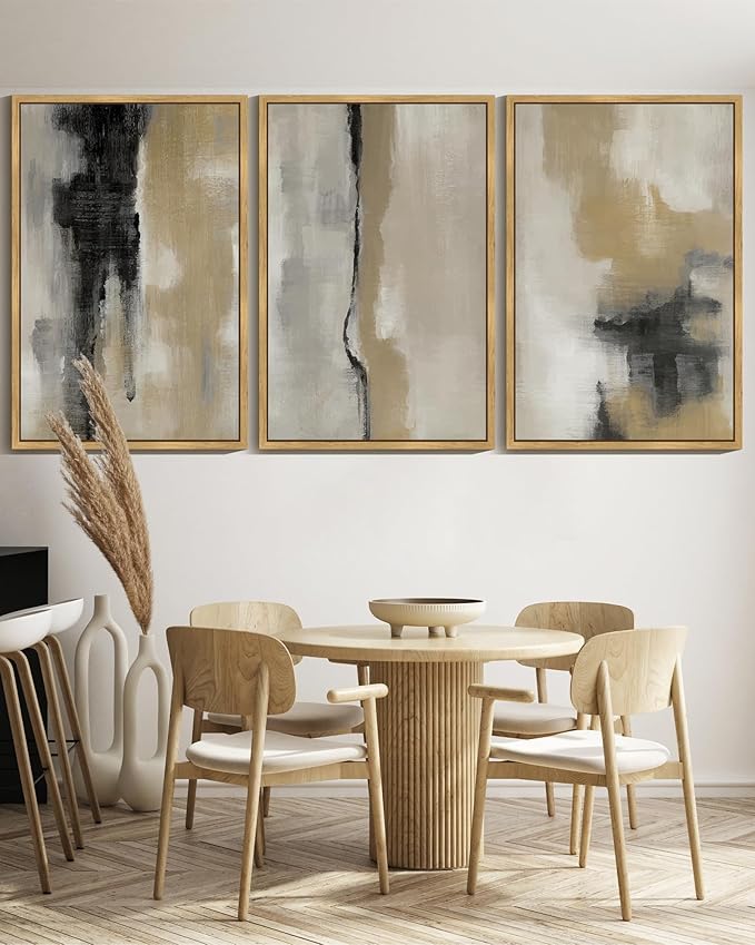 KUVIOKE Black Gray Abstract Framed Wall Art Minimalist Modern Neutral Wall Art Decor for Living Room Hallway Bedroom Ready to Hang 24x36in (Natural Framed)