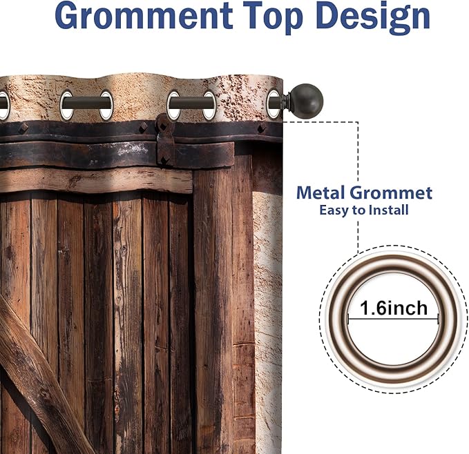 Jekeno Rustic Wood Blackout Curtains Vintage Wooden Barn Door Farmhouse Home Bedroom Living Room Decor Brown Grommet Window Drapes 2 Panel Set, 42"x63"