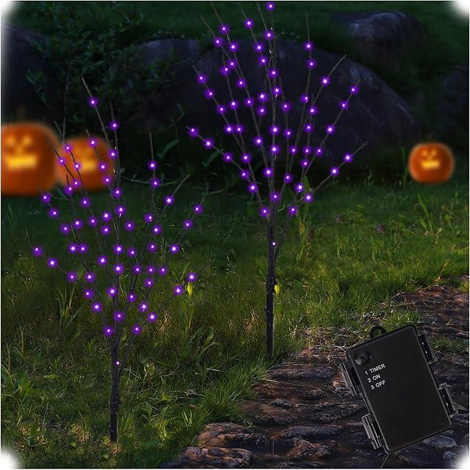 Lighted Halloween Tree Branches, 30IN 100LED Artificial Black Twig Branch with Purple Fairy Lights, Built-in Timer & Battery Operated, Waterproof for Indoor Outdoor Office Bedroom Party Decorations