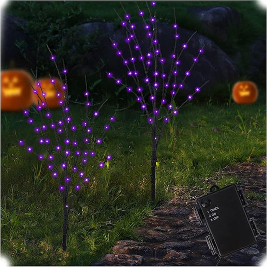 Lighted Halloween Tree Branches, 30IN 100LED Artificial Black Twig Branch with Purple Fairy Lights, Built-in Timer & Battery Operated, Waterproof for Indoor Outdoor Office Bedroom Party Decorations