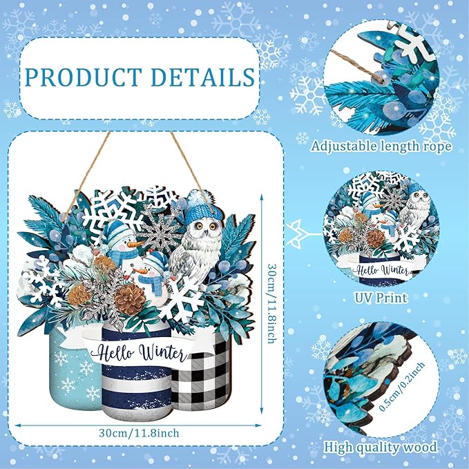 Spiareal Winter Welcome Sign Wood Blue White Silver Front Door Decor Winter Hanging Sign Outdoor Wooden Wreath Decorations for Farmhouse Porch Front Door Decor (Blue White Silver Style)